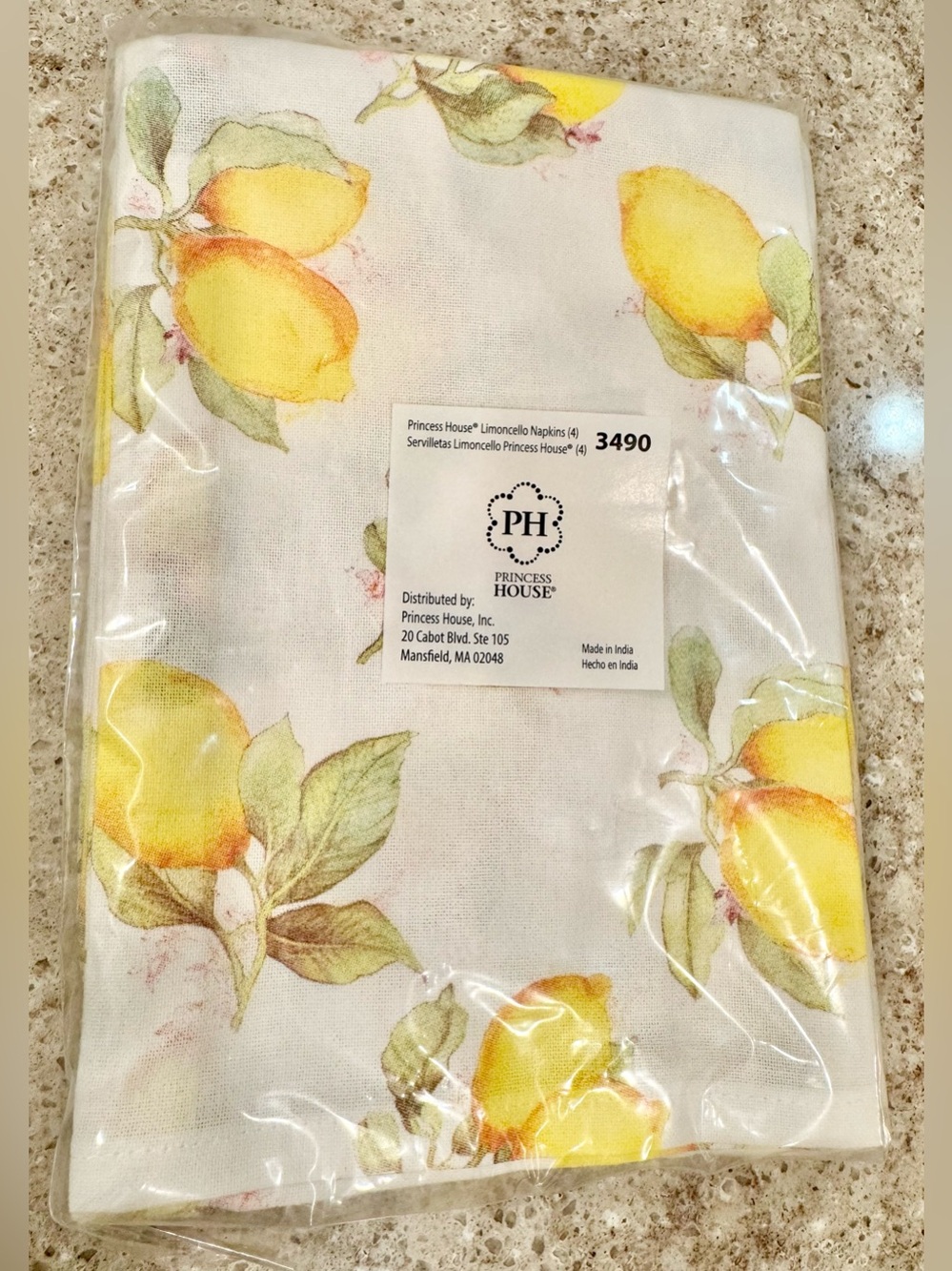 Princess House LIMONCELLO Lemon Print Cloth Napkins - Yellow, Green & White NWT